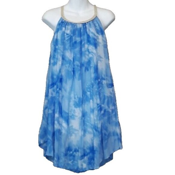Kaktus Tops - Kaktus Womens BOHO Tunic Top Small Blue Tie Dye Sleeveless Pleated Beach